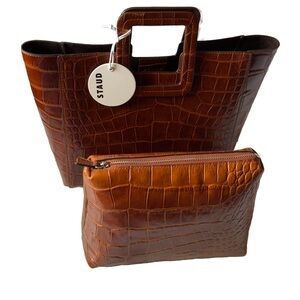 STAUD 🆕 Shirley Leather Croc-Embossed Bag • Saddle • NWT + Original Packaging